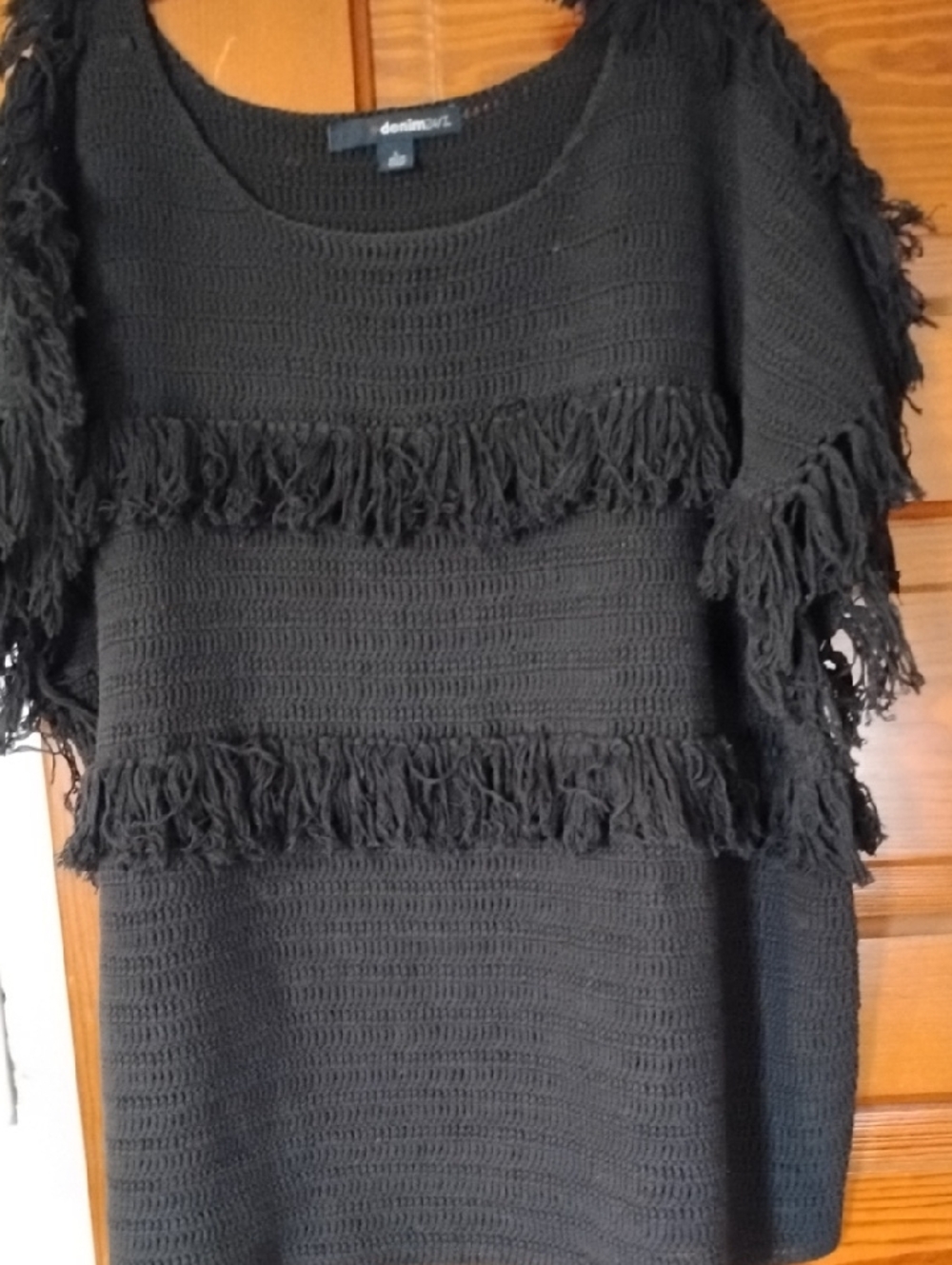 Denim&Co Black Fringe Knit Sweater - Women's